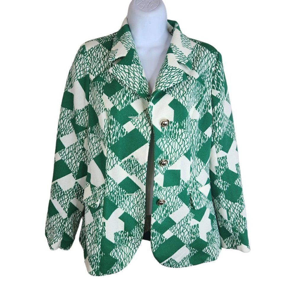 Vintage Groovy 70s Double Knit Polyester Jacket Green White M Gold Buttons